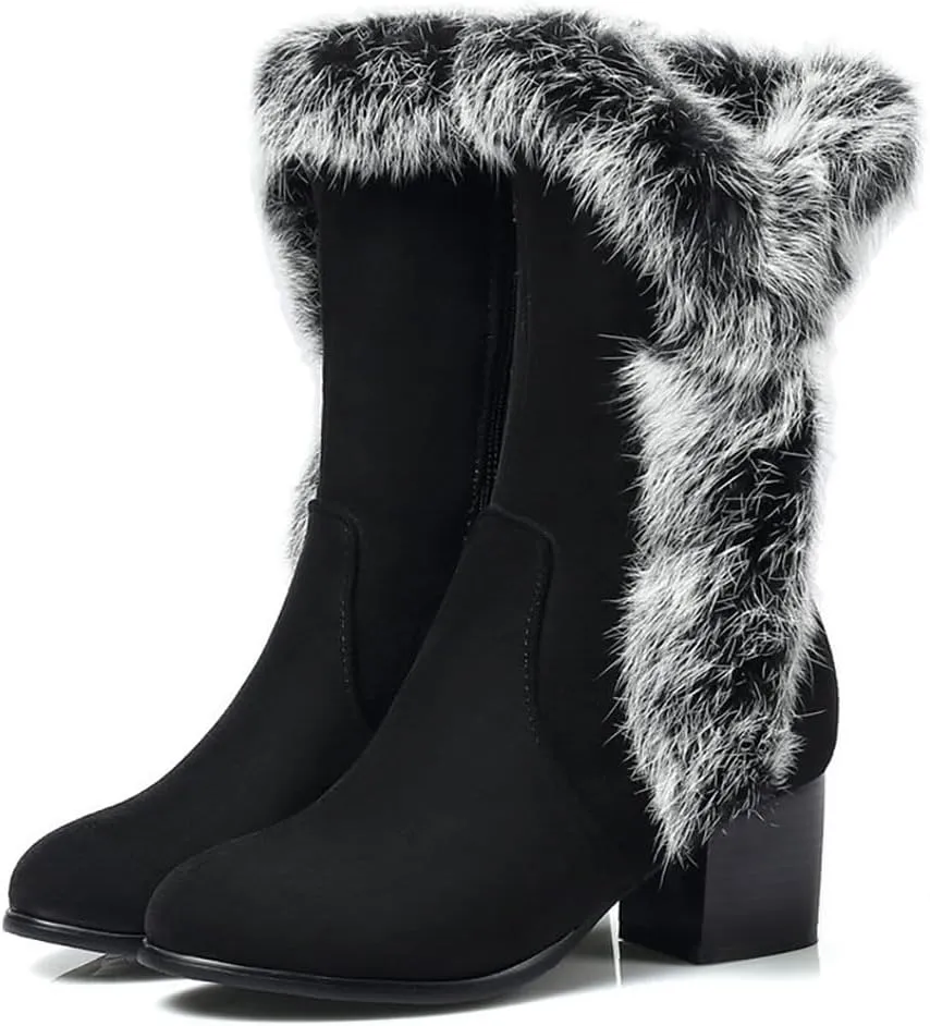 Women Winter Chunky Heel Suede Mid-Calf Snow Boots Comfy Warm High-Top Boot with Side Zipper Non-Slip Hiking Boots