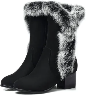 Women Winter Chunky Heel Suede Mid-Calf Snow Boots Comfy Warm High-Top Boot with Side Zipper Non-Slip Hiking Boots