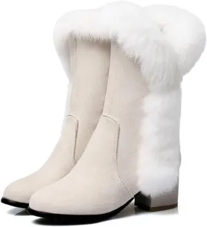 Women Winter Chunky Heel Suede Mid-Calf Snow Boots Comfy Warm High-Top Boot with Side Zipper Non-Slip Hiking Boots