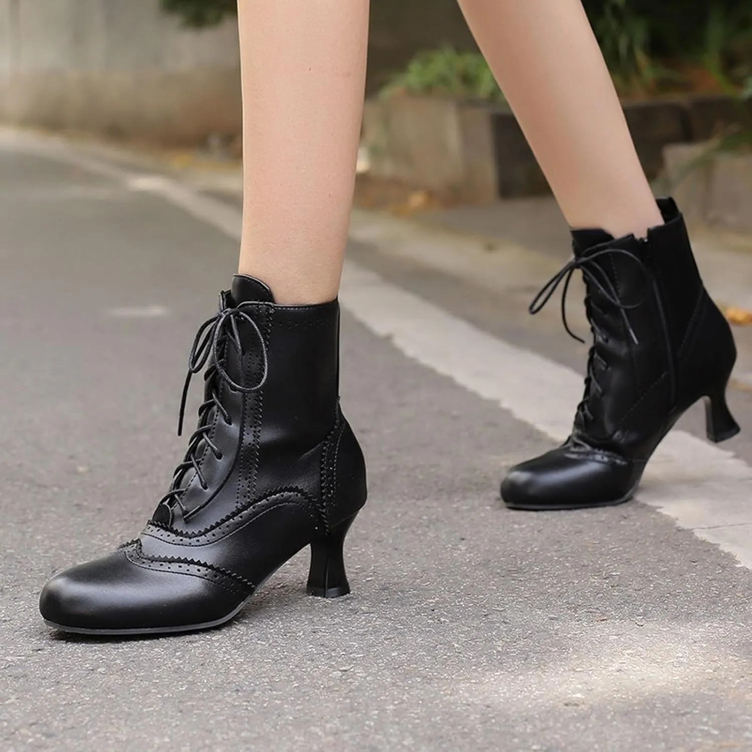 Womens Ankle Boots Wide Calf,Mid Heel Victorian Boots Vintage Lace Up Dance Booties Cosplay Witch Shoes for Women