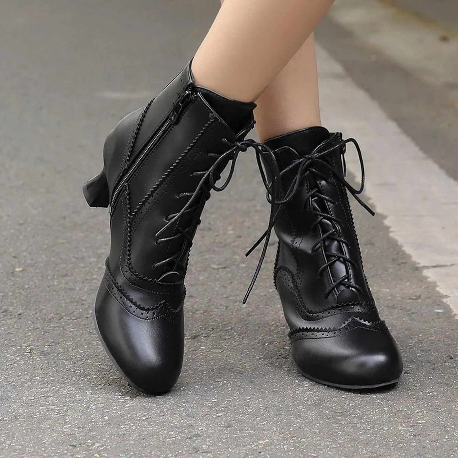 Womens Ankle Boots Wide Calf,Mid Heel Victorian Boots Vintage Lace Up Dance Booties Cosplay Witch Shoes for Women