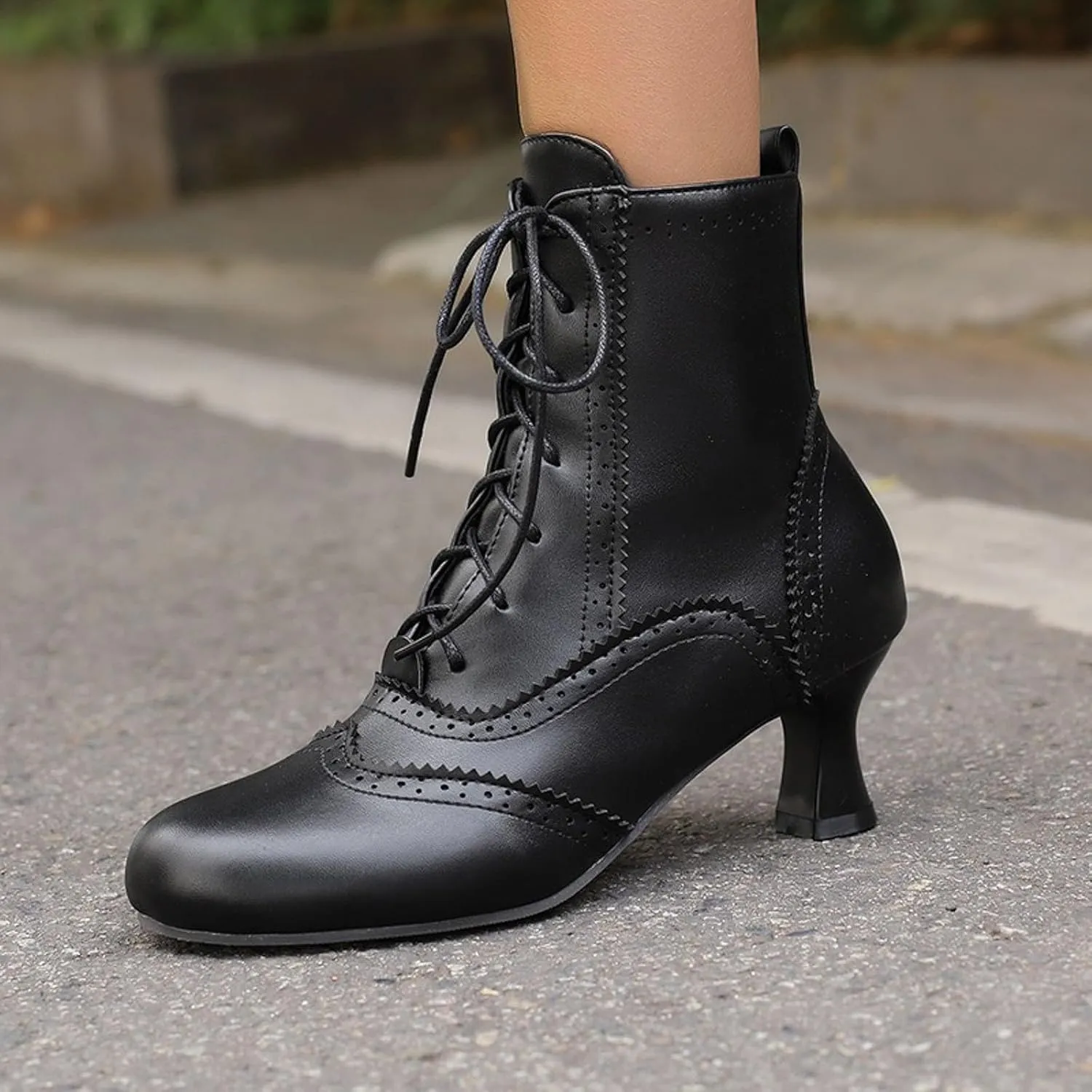 Womens Ankle Boots Wide Calf,Mid Heel Victorian Boots Vintage Lace Up Dance Booties Cosplay Witch Shoes for Women