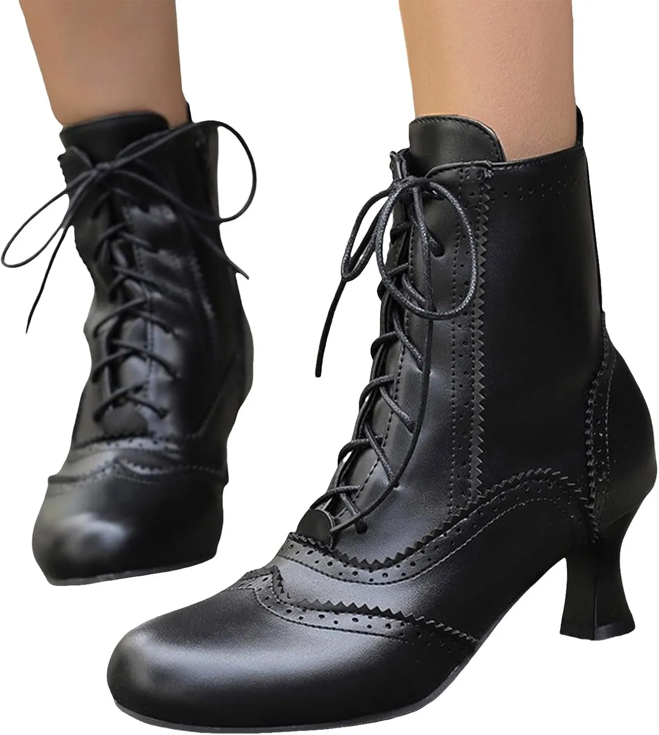 Womens Ankle Boots Wide Calf,Mid Heel Victorian Boots Vintage Lace Up Dance Booties Cosplay Witch Shoes for Women