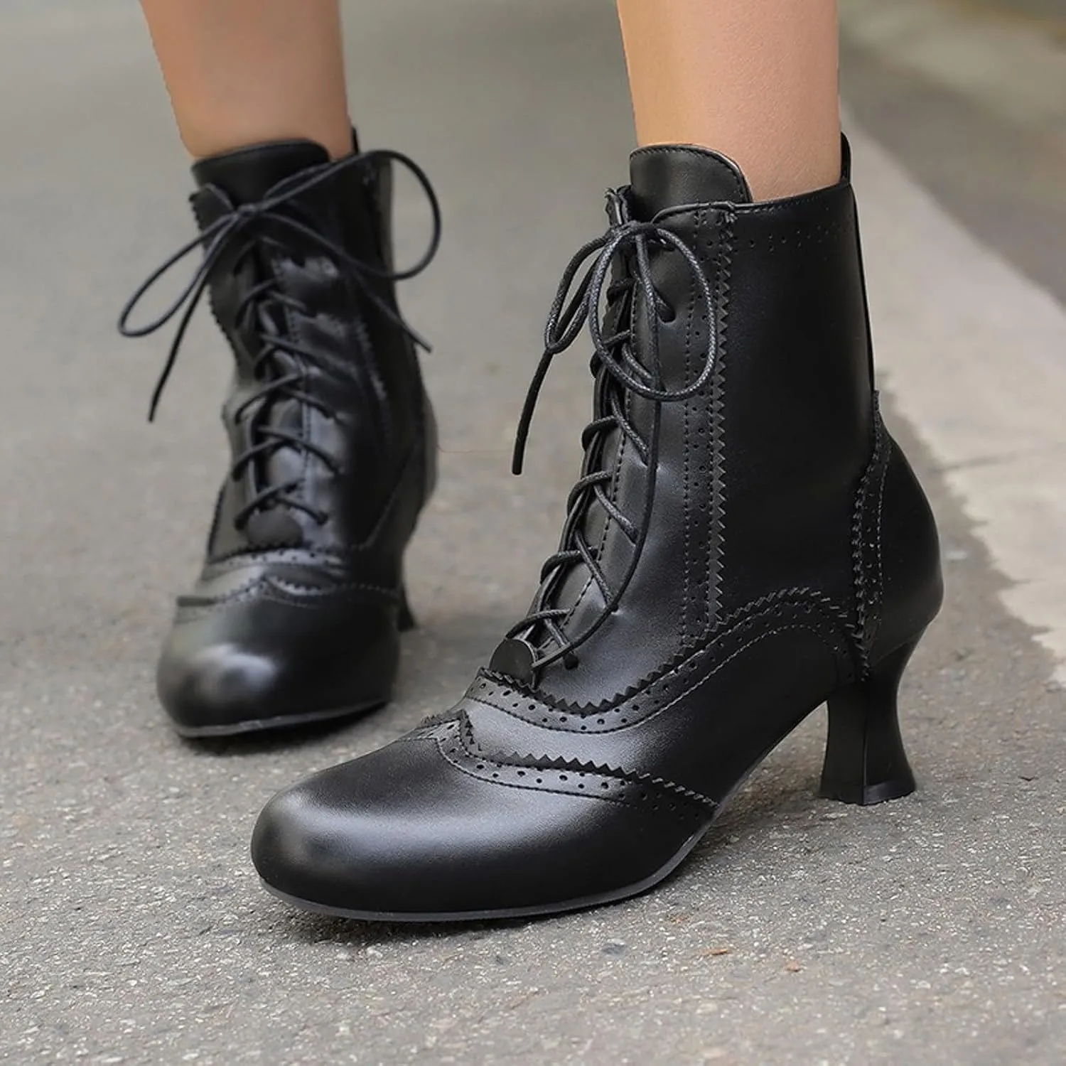 Womens Ankle Boots Wide Calf,Mid Heel Victorian Boots Vintage Lace Up Dance Booties Cosplay Witch Shoes for Women