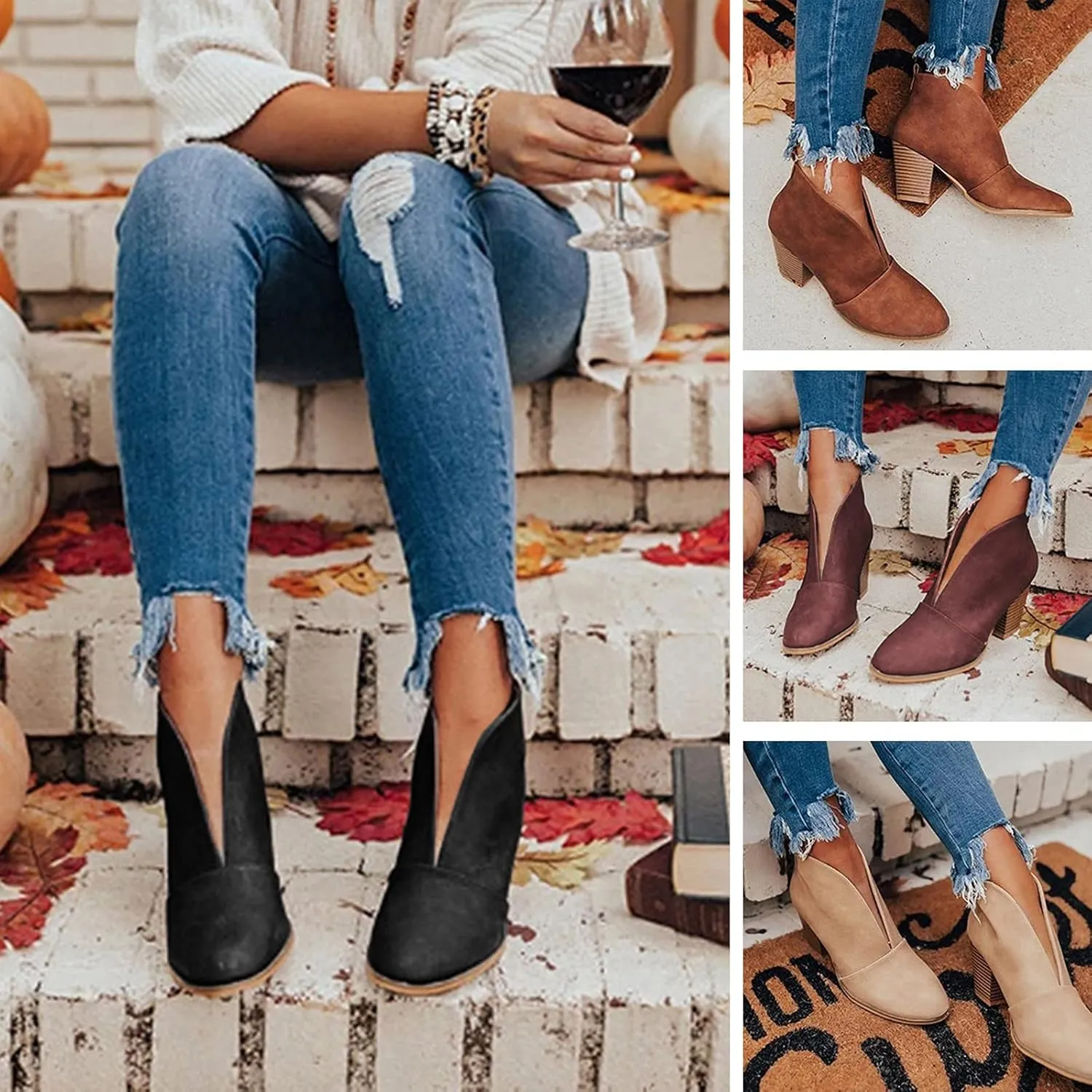Womens Ankle Boots Wide Width,Vintage Front Deep V Cut Short Booties Casual Pull On Fall Boots Mid Chunky Heels Shoes