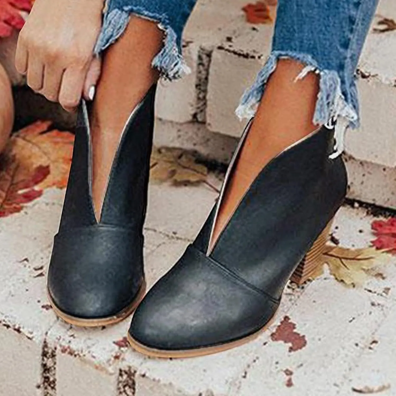 Womens Ankle Boots Wide Width,Vintage Front Deep V Cut Short Booties Casual Pull On Fall Boots Mid Chunky Heels Shoes