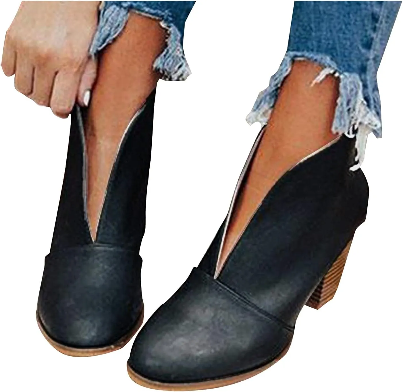 Womens Ankle Boots Wide Width,Vintage Front Deep V Cut Short Booties Casual Pull On Fall Boots Mid Chunky Heels Shoes