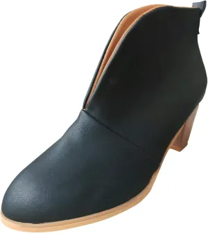 Womens Ankle Boots Wide Width,Vintage Front Deep V Cut Short Booties Casual Pull On Fall Boots Mid Chunky Heels Shoes