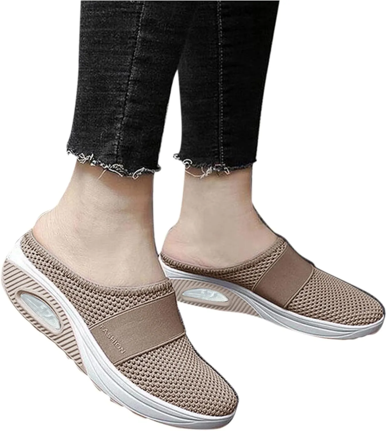 Womens Backless Sneakers Mesh Slip-on Mule Shoes Slip On Shoes Women Wide Width Shoes Casual Slip On Sneakers Brown Tennis Shoe Cross Trainer Shoe