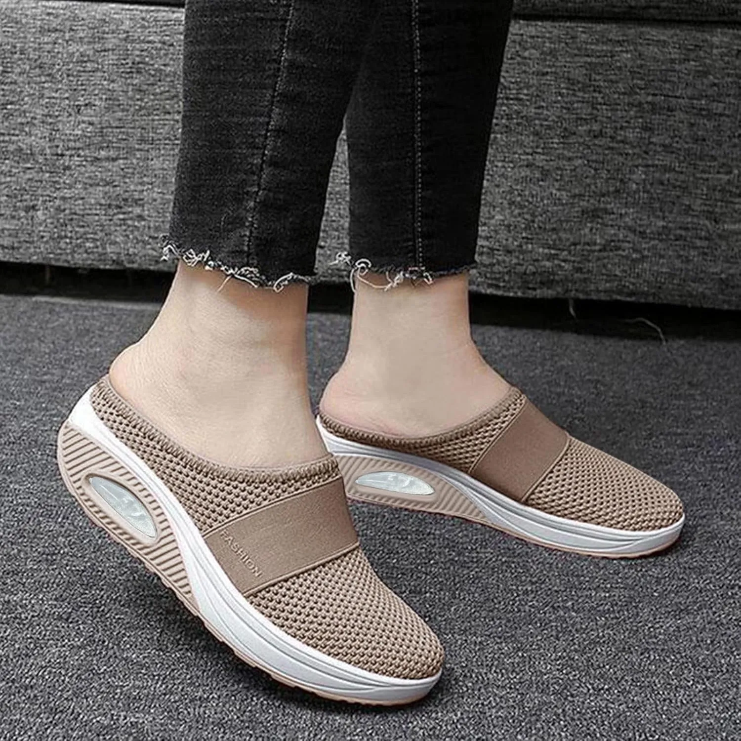 Womens Backless Sneakers Mesh Slip-on Mule Shoes Slip On Shoes Women Wide Width Shoes Casual Slip On Sneakers Brown Tennis Shoe Cross Trainer Shoe
