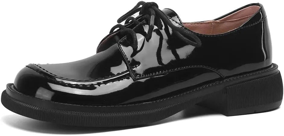 Women's Classic Lace Up Oxford Shoes Flats Patent Leather Round Toe Low Heel Dress Slip On Loafers