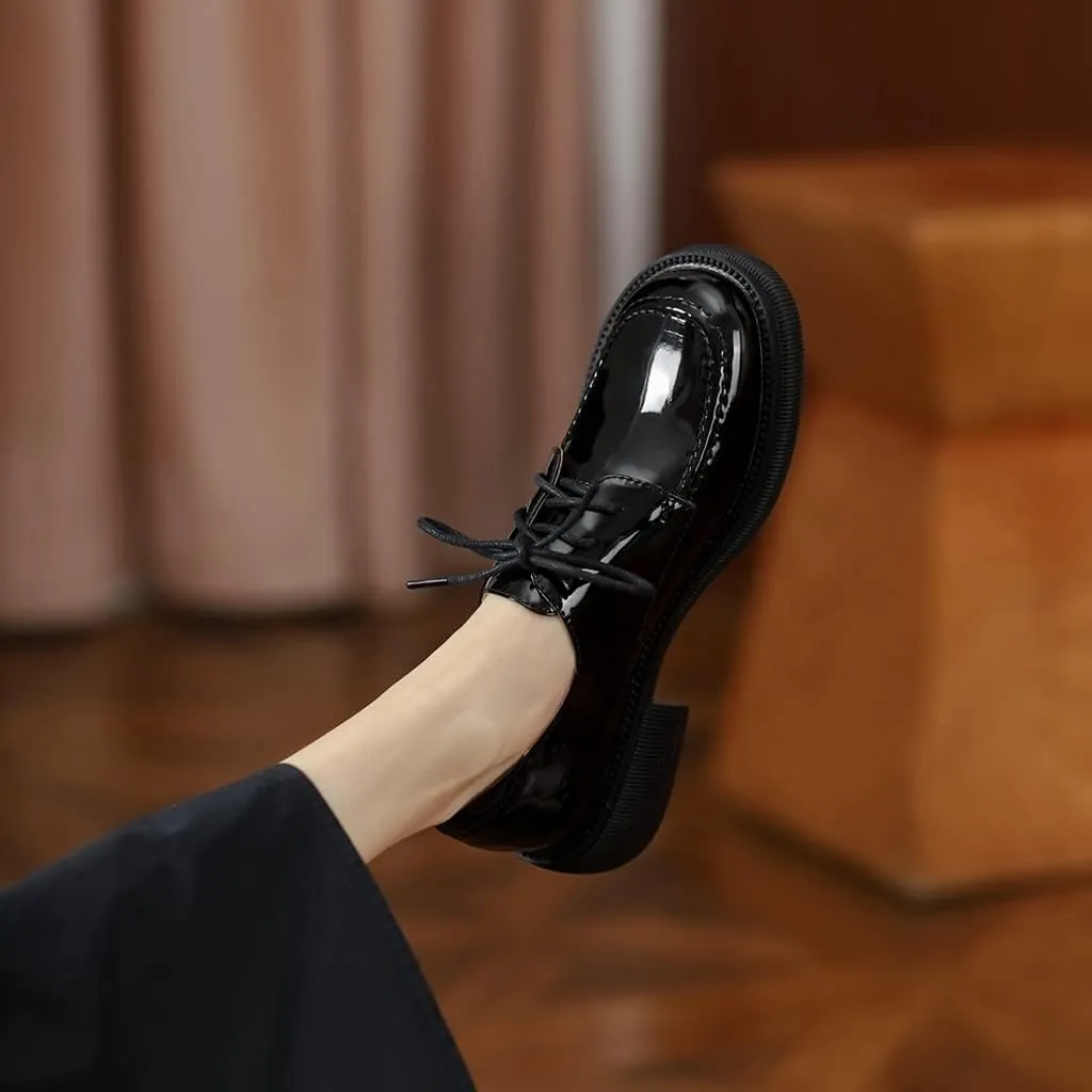 Women's Classic Lace Up Oxford Shoes Flats Patent Leather Round Toe Low Heel Dress Slip On Loafers
