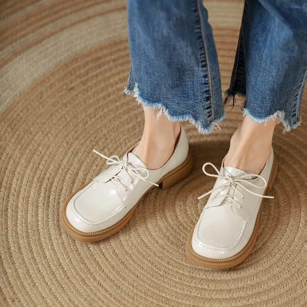 Women's Classic Lace Up Oxford Shoes Flats Patent Leather Round Toe Low Heel Dress Slip On Loafers