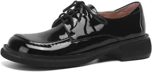 Women's Classic Lace Up Oxford Shoes Flats Patent Leather Round Toe Low Heel Dress Slip On Loafers