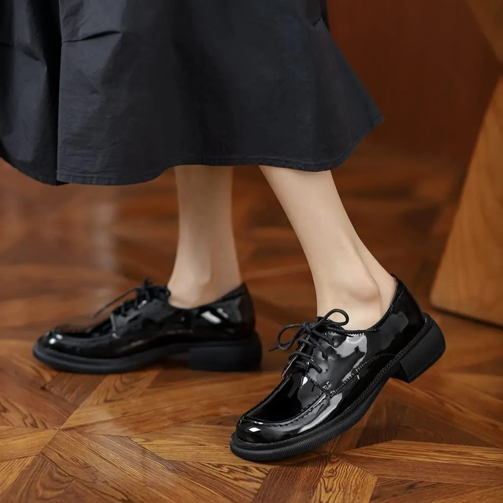 Women's Classic Lace Up Oxford Shoes Flats Patent Leather Round Toe Low Heel Dress Slip On Loafers