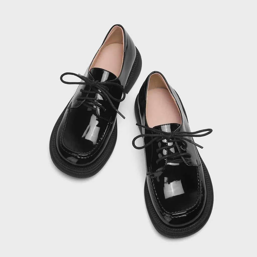 Women's Classic Lace Up Oxford Shoes Flats Patent Leather Round Toe Low Heel Dress Slip On Loafers