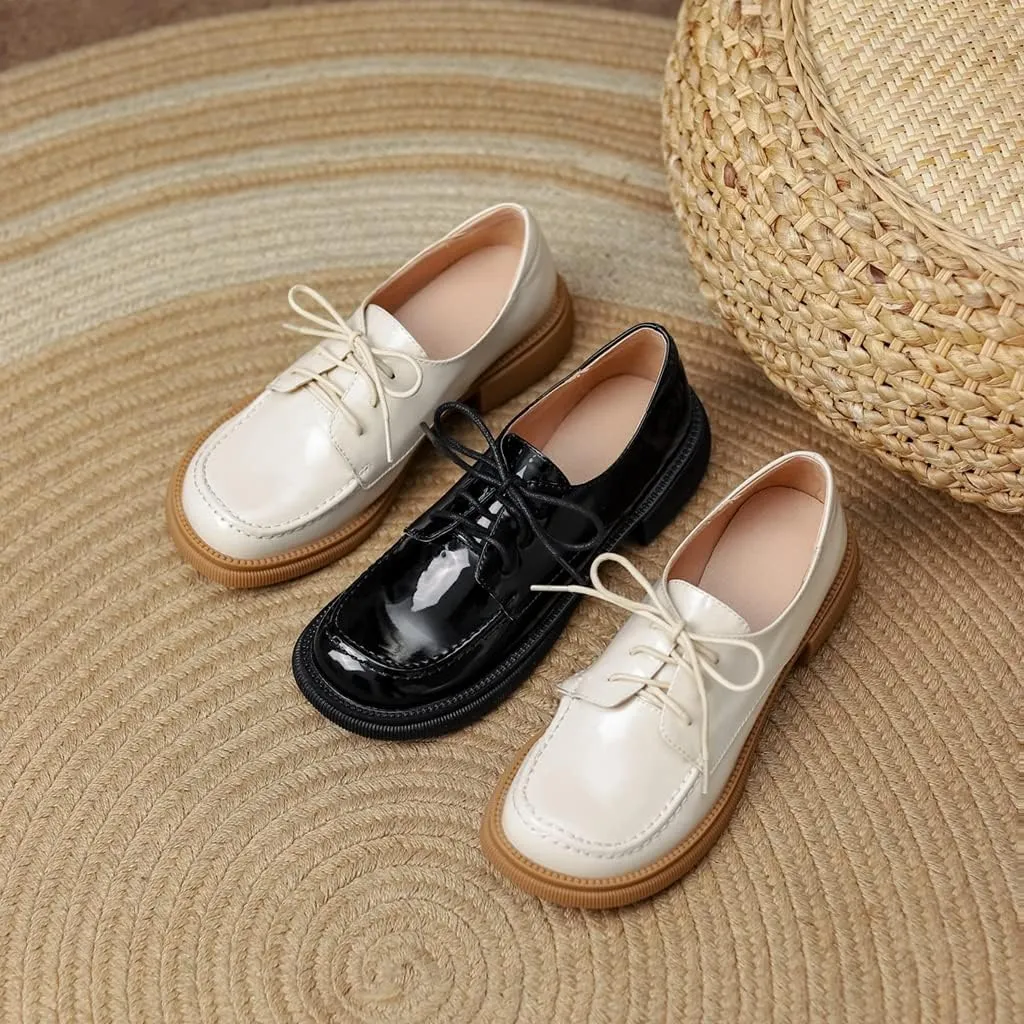 Women's Classic Lace Up Oxford Shoes Flats Patent Leather Round Toe Low Heel Dress Slip On Loafers