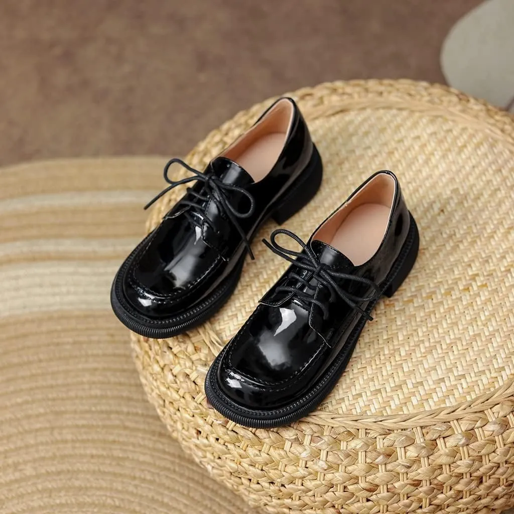 Women's Classic Lace Up Oxford Shoes Flats Patent Leather Round Toe Low Heel Dress Slip On Loafers