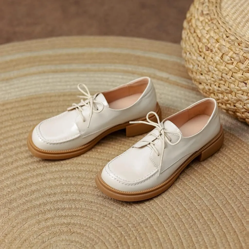 Women's Classic Lace Up Oxford Shoes Flats Patent Leather Round Toe Low Heel Dress Slip On Loafers