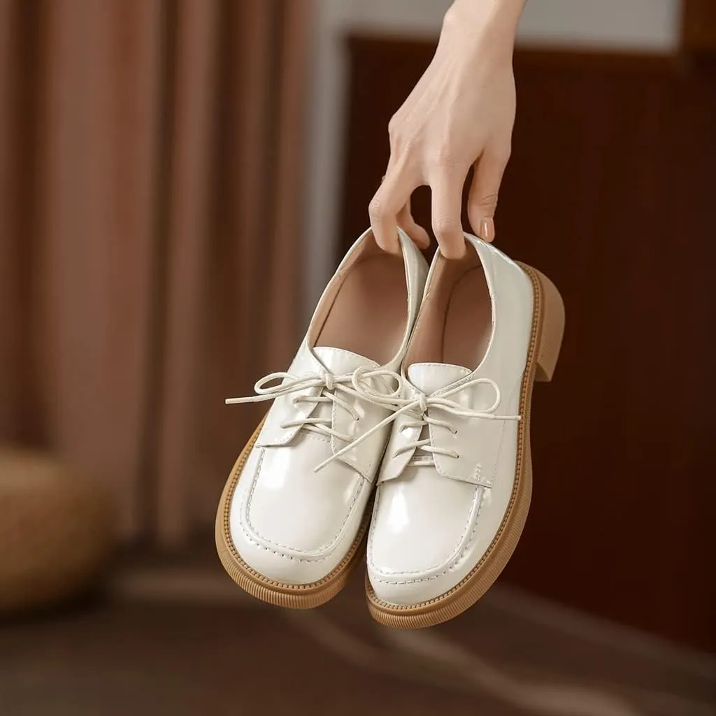 Women's Classic Lace Up Oxford Shoes Flats Patent Leather Round Toe Low Heel Dress Slip On Loafers