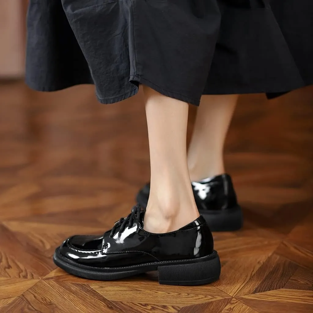 Women's Classic Lace Up Oxford Shoes Flats Patent Leather Round Toe Low Heel Dress Slip On Loafers