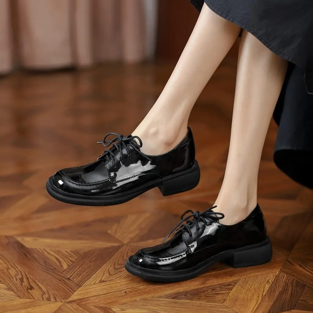 Women's Classic Lace Up Oxford Shoes Flats Patent Leather Round Toe Low Heel Dress Slip On Loafers