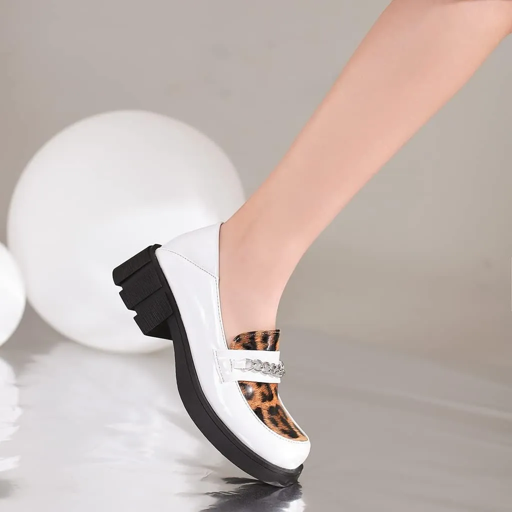 Women's Classic Leopard Slip On Penny Loafers Round Toe Patent Leather Low Heel Dress Oxford Shoes