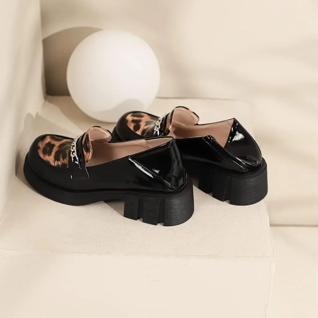 Women's Classic Leopard Slip On Penny Loafers Round Toe Patent Leather Low Heel Dress Oxford Shoes