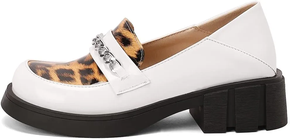 Women's Classic Leopard Slip On Penny Loafers Round Toe Patent Leather Low Heel Dress Oxford Shoes