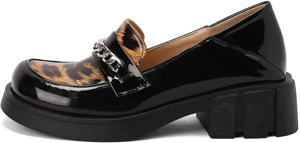 Women's Classic Leopard Slip On Penny Loafers Round Toe Patent Leather Low Heel Dress Oxford Shoes