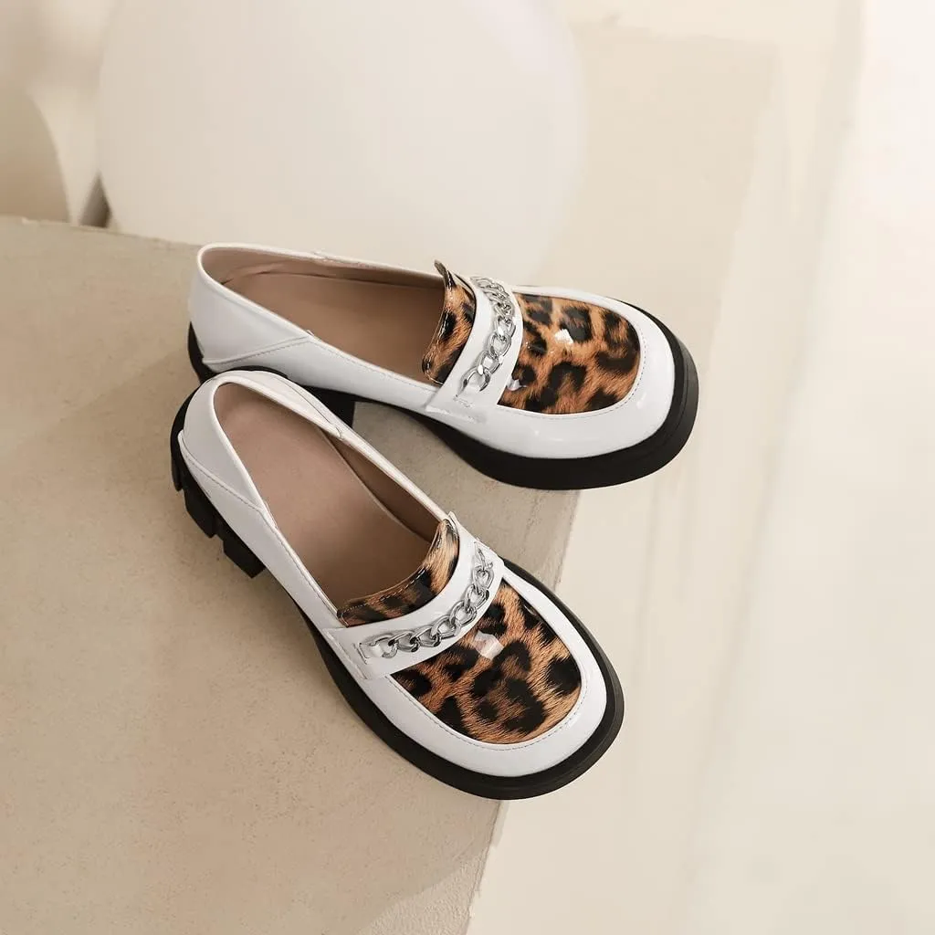 Women's Classic Leopard Slip On Penny Loafers Round Toe Patent Leather Low Heel Dress Oxford Shoes