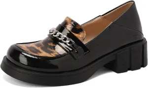 Women's Classic Leopard Slip On Penny Loafers Round Toe Patent Leather Low Heel Dress Oxford Shoes