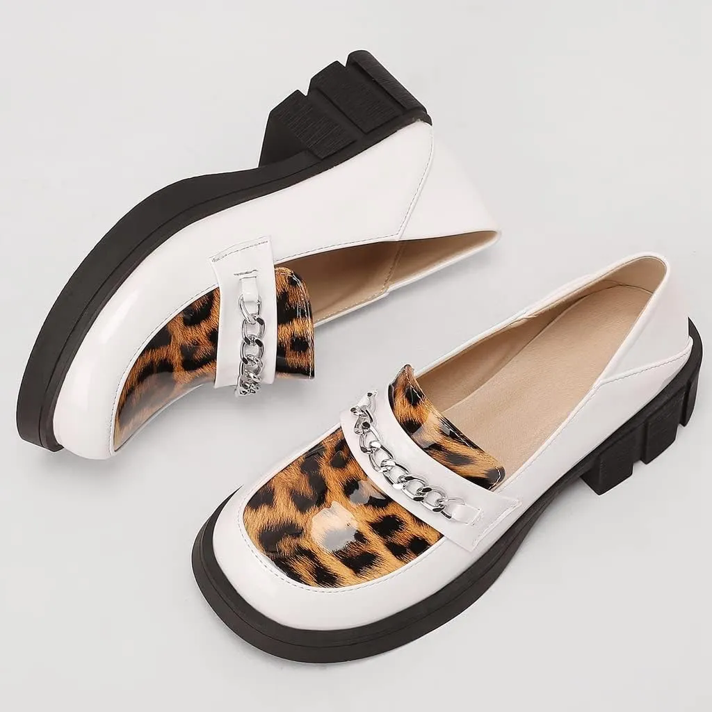 Women's Classic Leopard Slip On Penny Loafers Round Toe Patent Leather Low Heel Dress Oxford Shoes