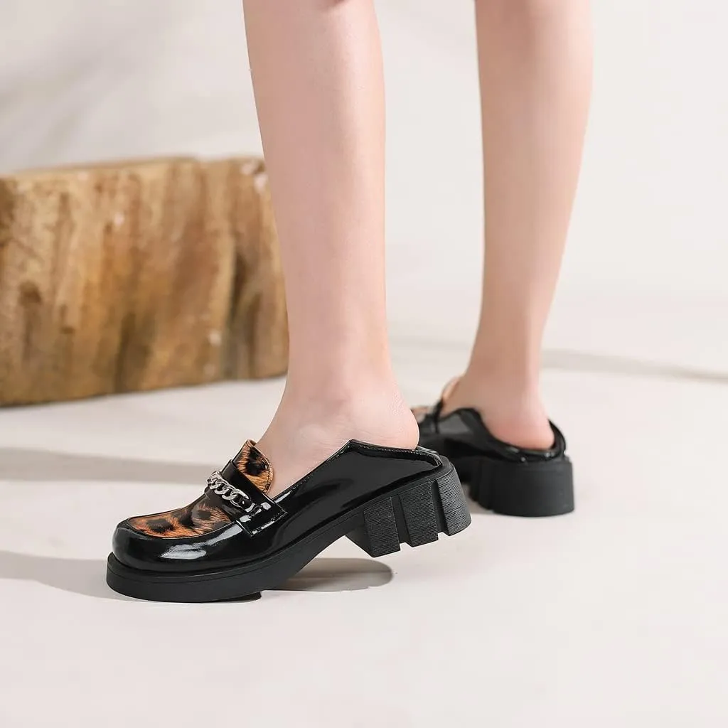 Women's Classic Leopard Slip On Penny Loafers Round Toe Patent Leather Low Heel Dress Oxford Shoes