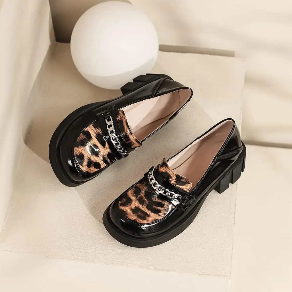 Women's Classic Leopard Slip On Penny Loafers Round Toe Patent Leather Low Heel Dress Oxford Shoes