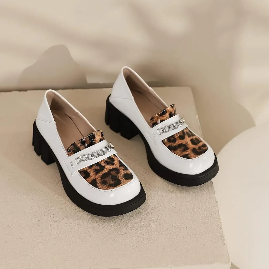 Women's Classic Leopard Slip On Penny Loafers Round Toe Patent Leather Low Heel Dress Oxford Shoes
