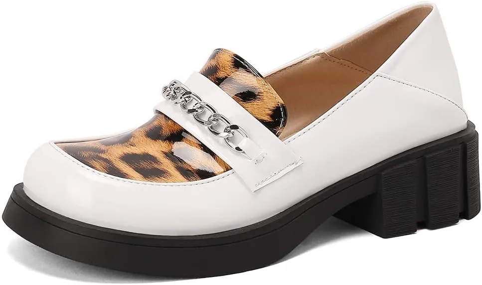 Women's Classic Leopard Slip On Penny Loafers Round Toe Patent Leather Low Heel Dress Oxford Shoes