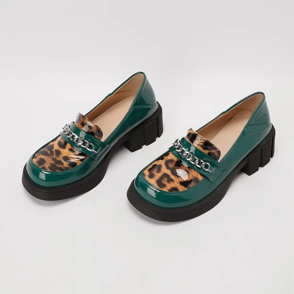 Women's Classic Leopard Slip On Penny Loafers Round Toe Patent Leather Low Heel Dress Oxford Shoes