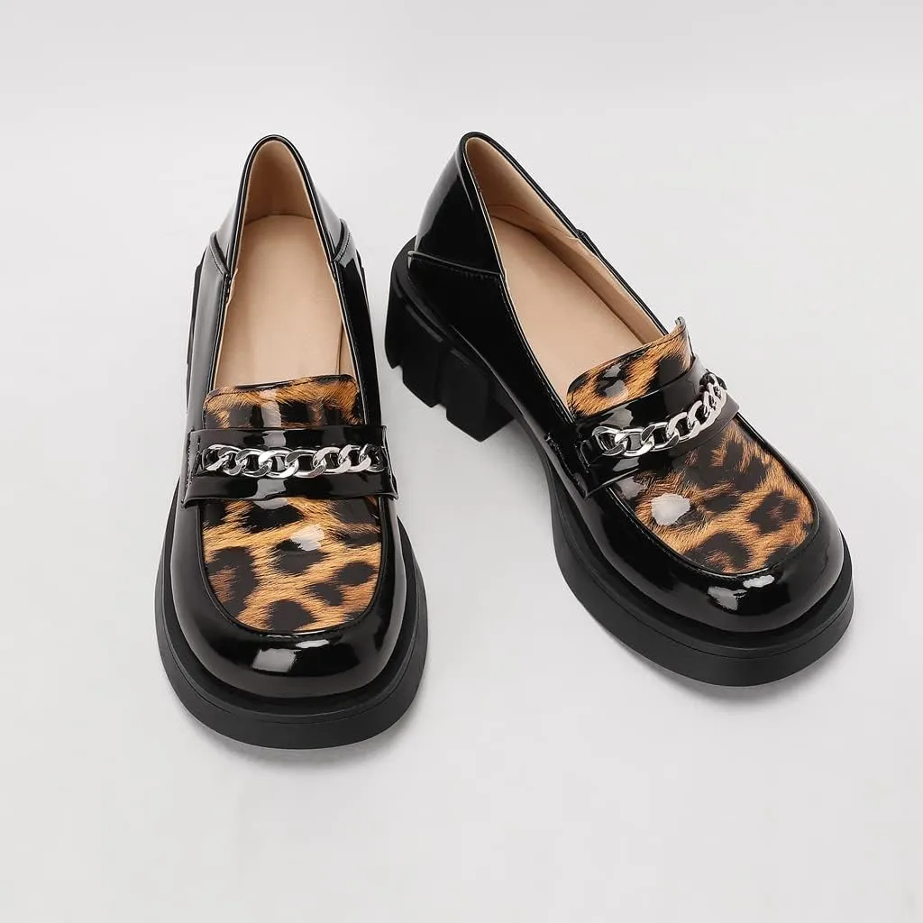 Women's Classic Leopard Slip On Penny Loafers Round Toe Patent Leather Low Heel Dress Oxford Shoes