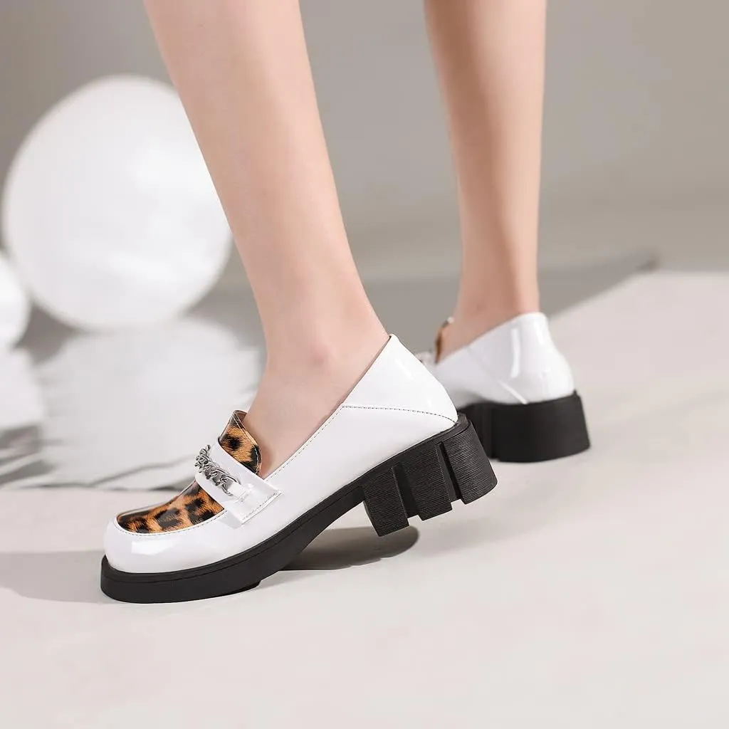 Women's Classic Leopard Slip On Penny Loafers Round Toe Patent Leather Low Heel Dress Oxford Shoes