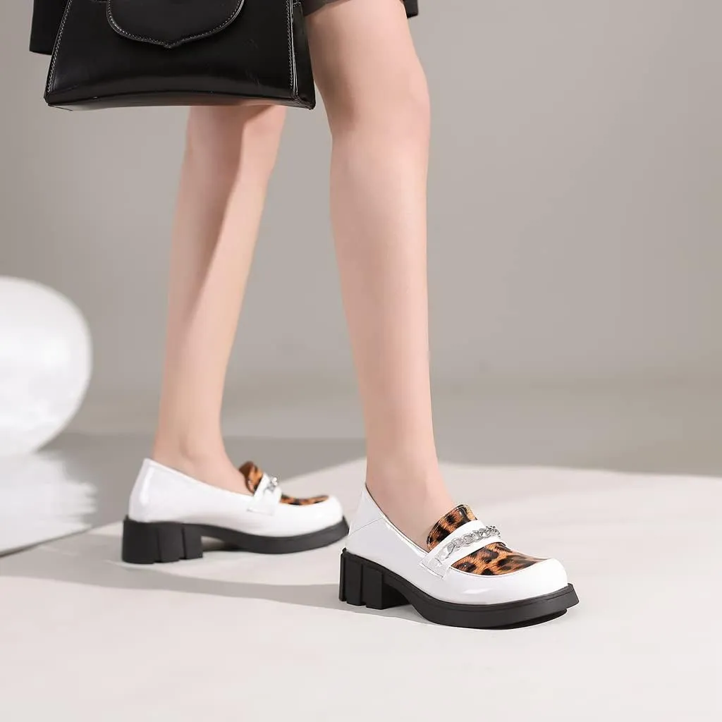 Women's Classic Leopard Slip On Penny Loafers Round Toe Patent Leather Low Heel Dress Oxford Shoes