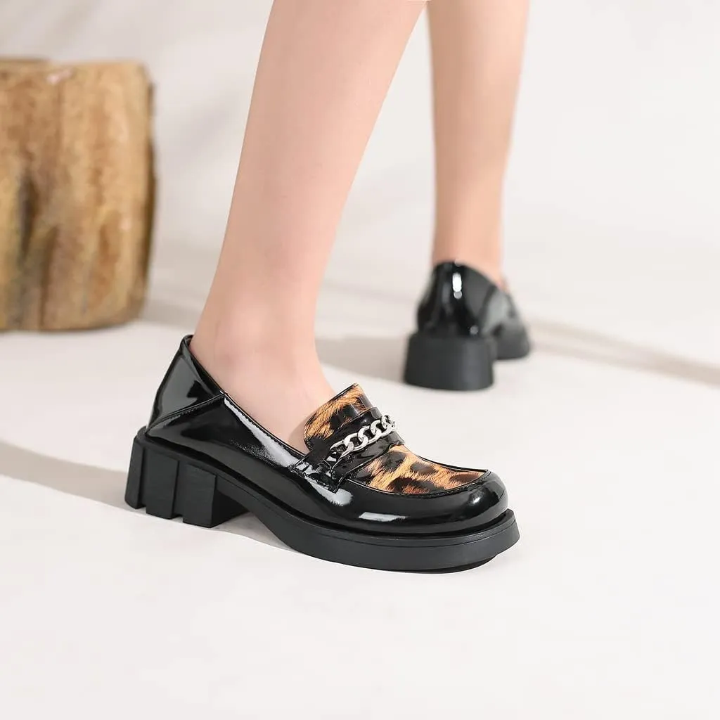 Women's Classic Leopard Slip On Penny Loafers Round Toe Patent Leather Low Heel Dress Oxford Shoes