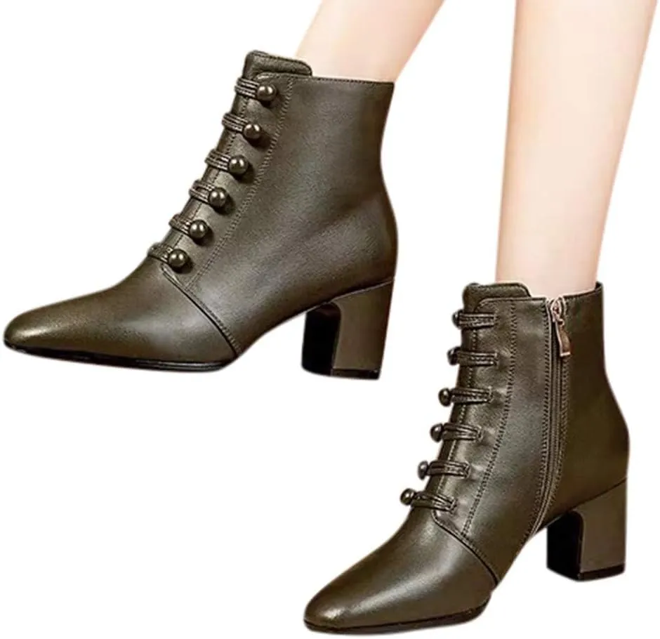 Womens Fashion Button Ankle Boots Solid Color Pointed Toe Side Zipper Chunky High Heel Boots Comfortable Casual Square Heel Short Booties Shoes