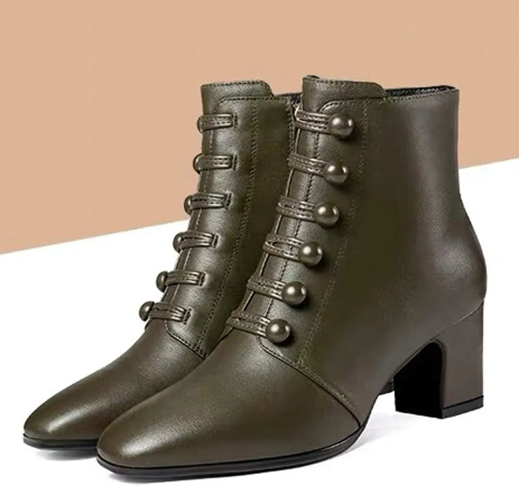Womens Fashion Button Ankle Boots Solid Color Pointed Toe Side Zipper Chunky High Heel Boots Comfortable Casual Square Heel Short Booties Shoes