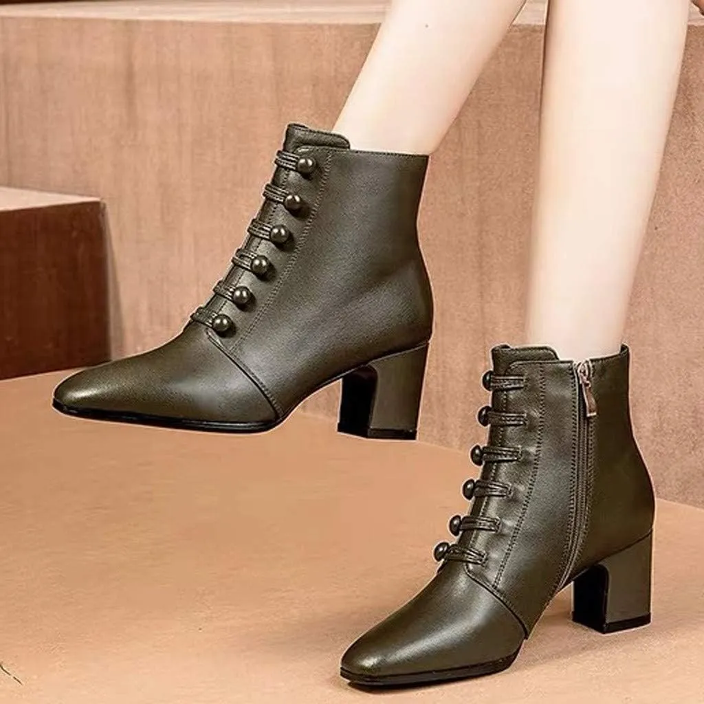 Womens Fashion Button Ankle Boots Solid Color Pointed Toe Side Zipper Chunky High Heel Boots Comfortable Casual Square Heel Short Booties Shoes