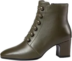 Womens Fashion Button Ankle Boots Solid Color Pointed Toe Side Zipper Chunky High Heel Boots Comfortable Casual Square Heel Short Booties Shoes