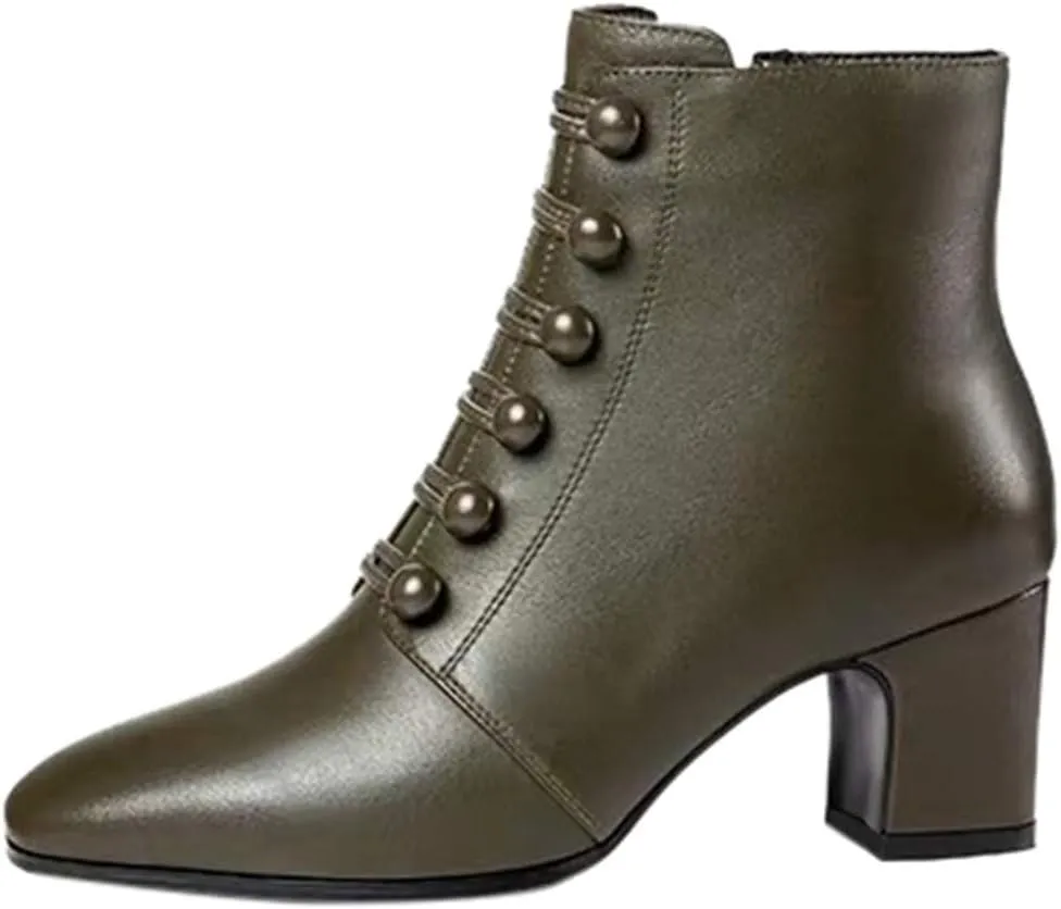 Womens Fashion Button Ankle Boots Solid Color Pointed Toe Side Zipper Chunky High Heel Boots Comfortable Casual Square Heel Short Booties Shoes