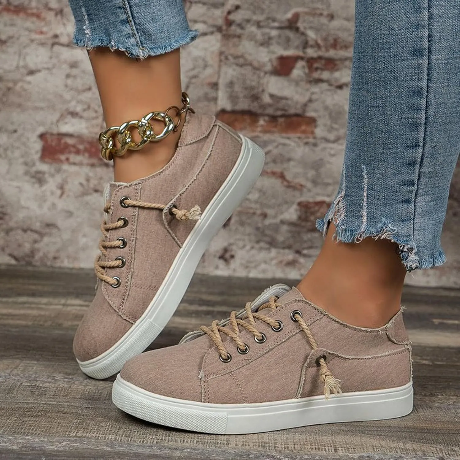 Women's Fashion Casual Shoes Lace Up Retro Canvas Boat Shoe Outwear Comfortable Air Cushioned Walking Sneakers Tennis Skate Jogging Non Slip Orthopedic Ladies Footwear for Daily Wear