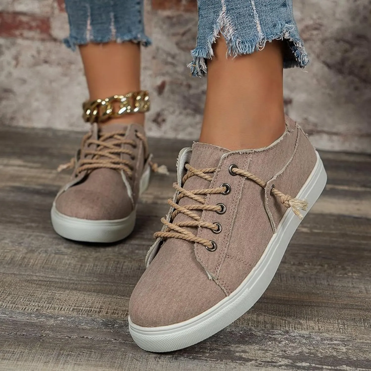 Women's Fashion Casual Shoes Lace Up Retro Canvas Boat Shoe Outwear Comfortable Air Cushioned Walking Sneakers Tennis Skate Jogging Non Slip Orthopedic Ladies Footwear for Daily Wear