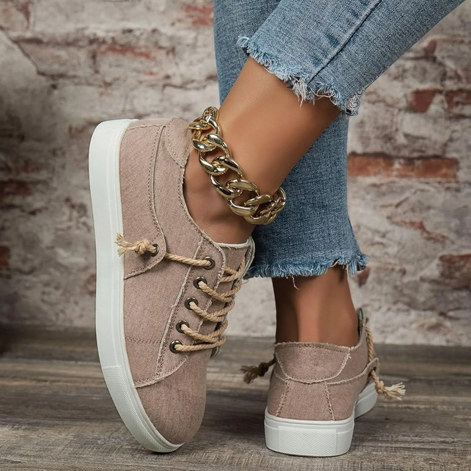 Women's Fashion Casual Shoes Lace Up Retro Canvas Boat Shoe Outwear Comfortable Air Cushioned Walking Sneakers Tennis Skate Jogging Non Slip Orthopedic Ladies Footwear for Daily Wear